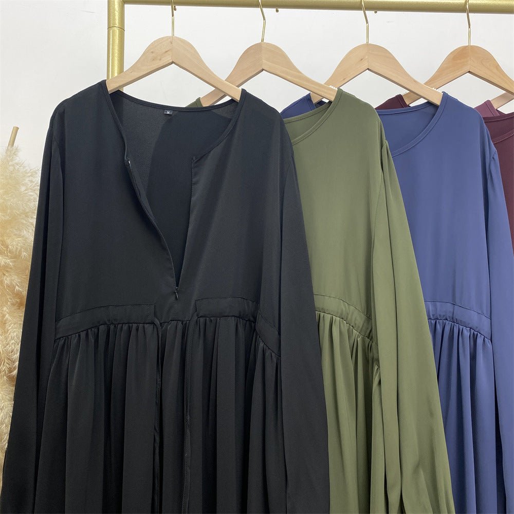Abaya Ample Modeste pour Musulmane, Manches Extensibles, Fermeture Éclair Frontale, Coupe Trapèze (MA175)