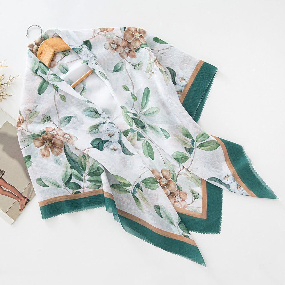 Hijab en voile MH072 à imprimé floral carré, à bordure ondulée