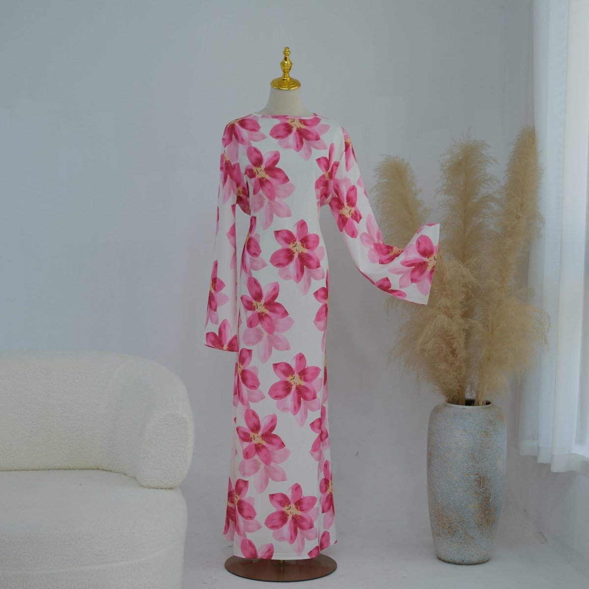 Robe Maxi Froissée Délavée à Imprimé Floral (MS437)