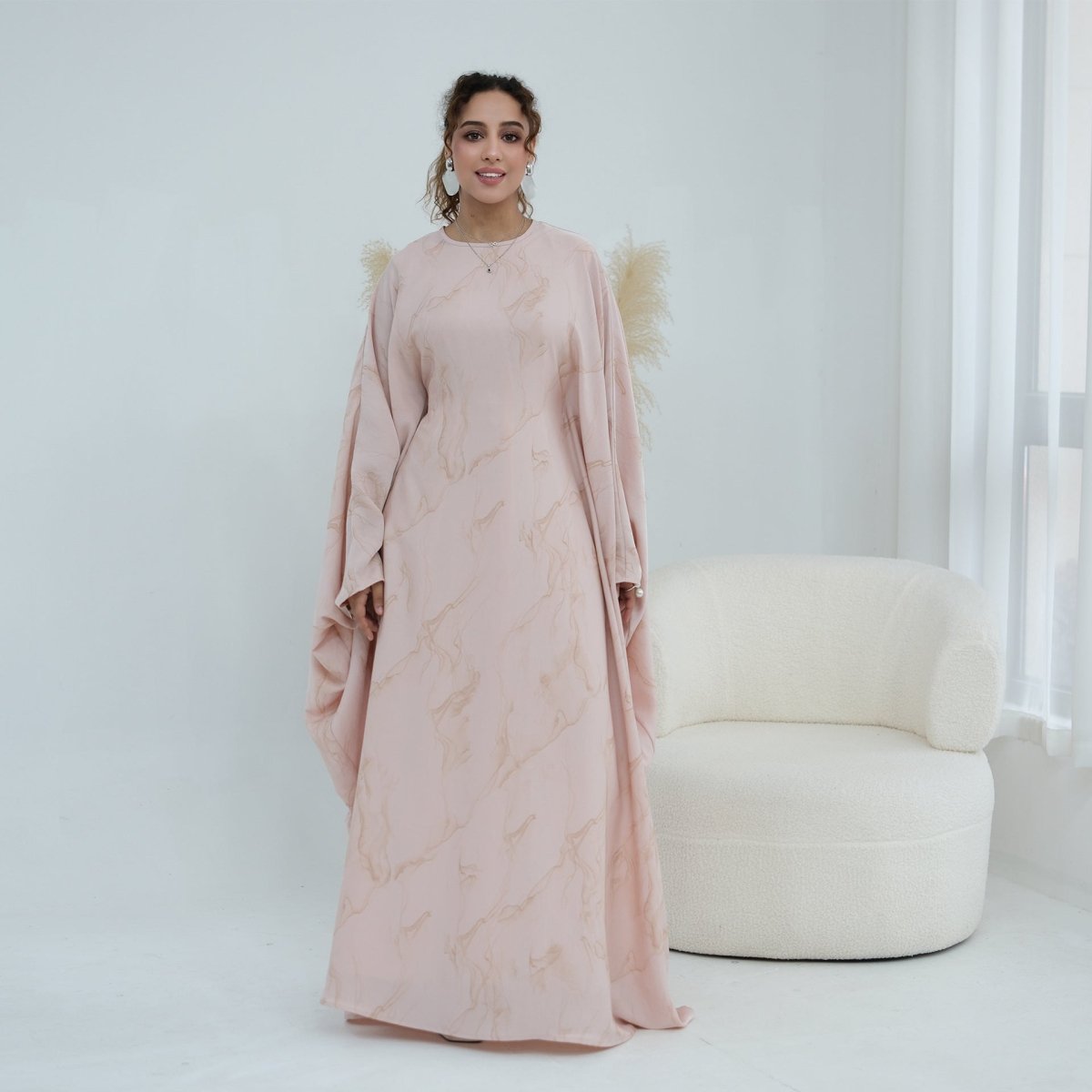 Robe Longue Imprimée à Manches Chauve-Souris (MA446)