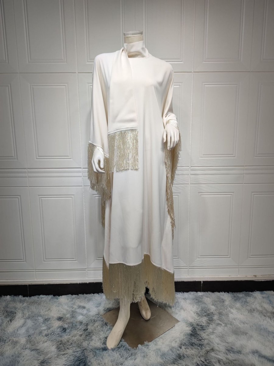 Kaftan Manches Chauve-Souris à Pompons | Robe de Soirée avec Détails Frangés Fluides (MA288)