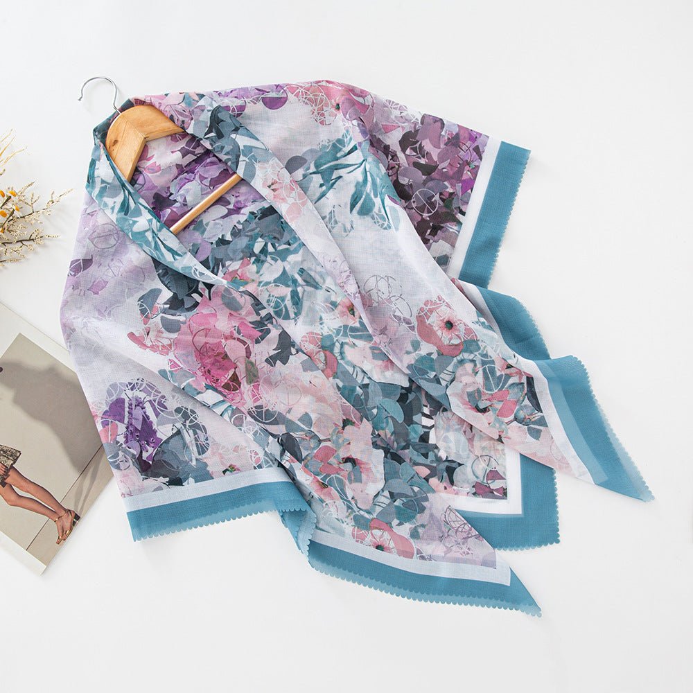 Hijab en voile MH072 à imprimé floral carré, à bordure ondulée