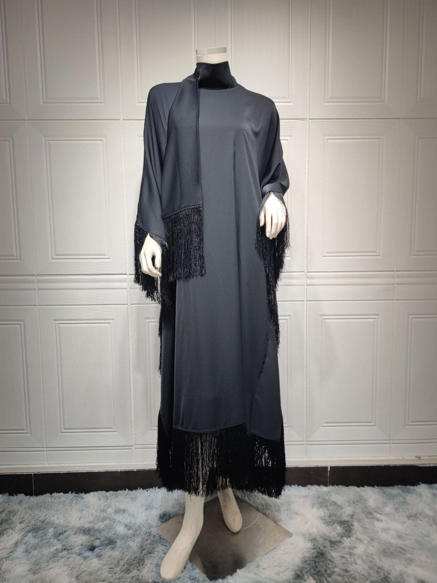 Kaftan Manches Chauve-Souris à Pompons | Robe de Soirée avec Détails Frangés Fluides (MA288)