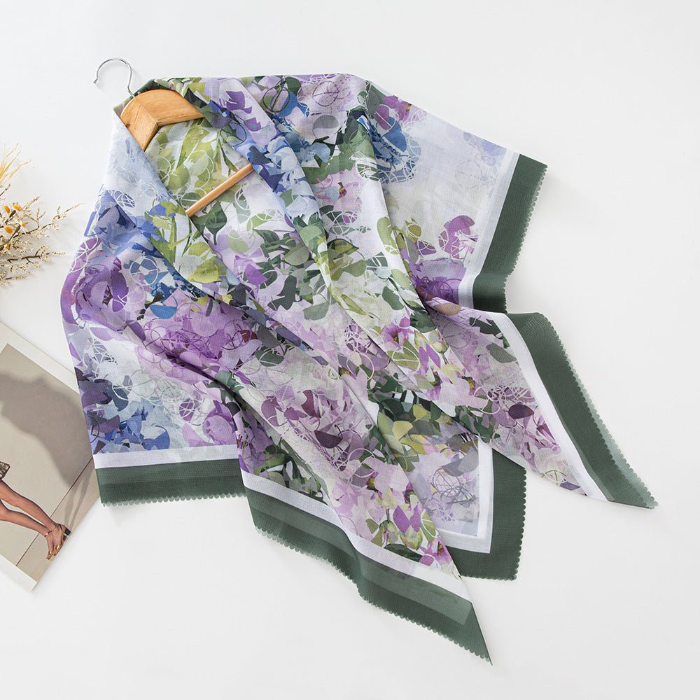 Hijab en voile MH072 à imprimé floral carré, à bordure ondulée