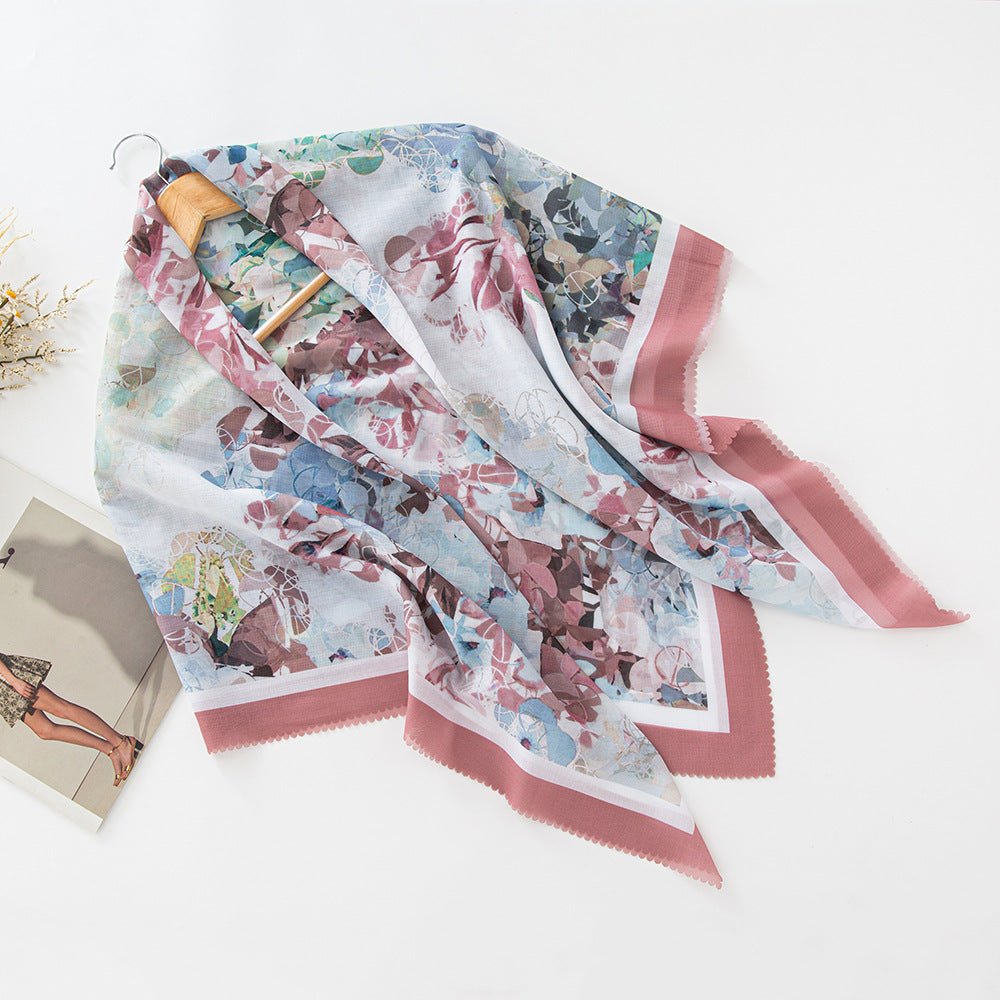 Hijab en voile MH072 à imprimé floral carré, à bordure ondulée