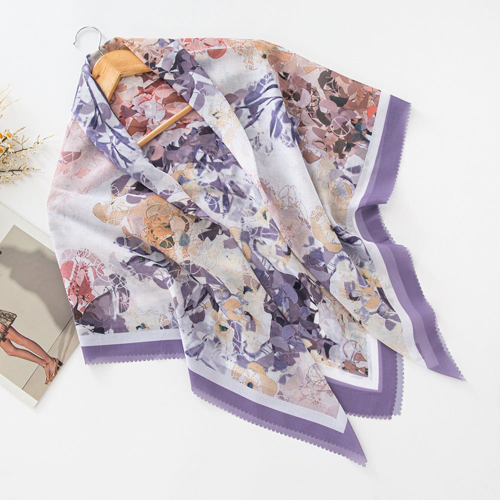 Hijab en voile MH072 à imprimé floral carré, à bordure ondulée