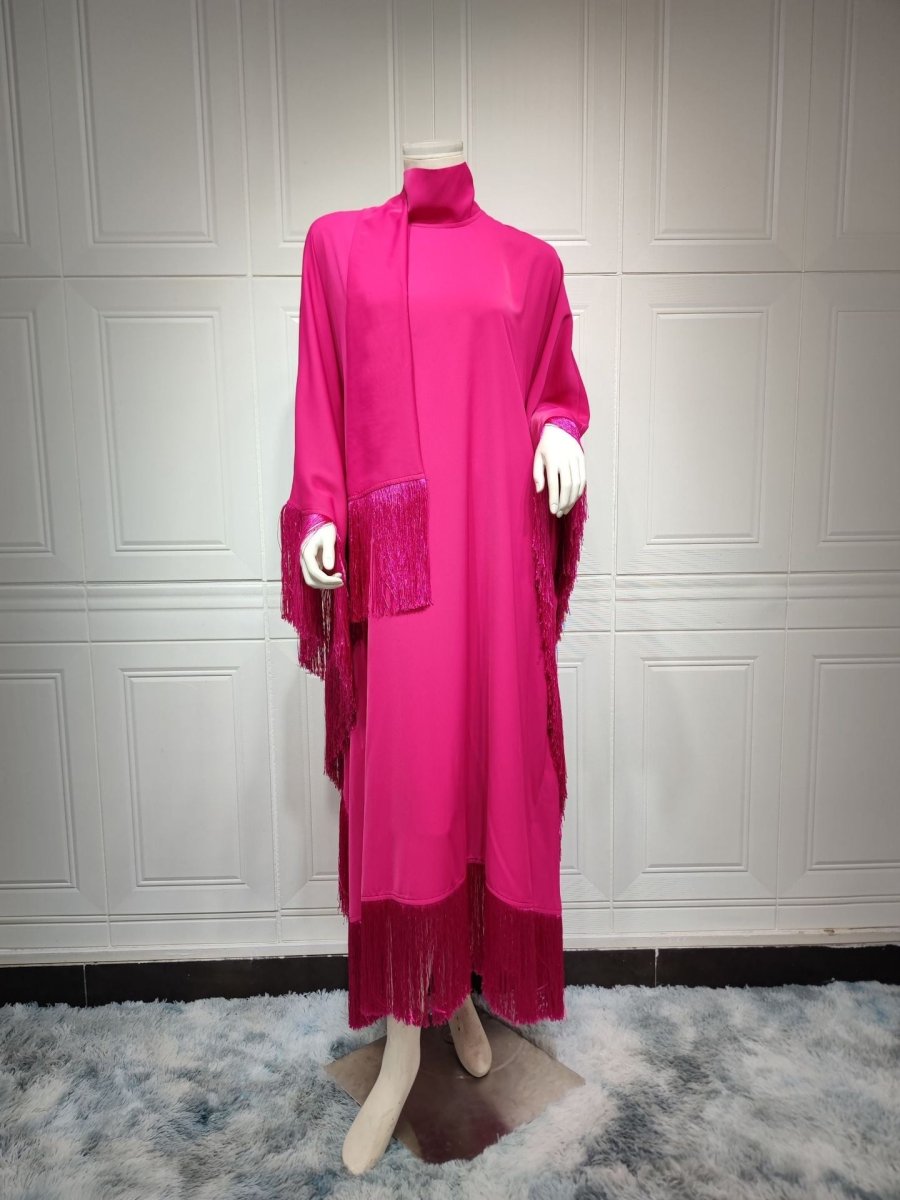Kaftan Manches Chauve-Souris à Pompons | Robe de Soirée avec Détails Frangés Fluides (MA288)