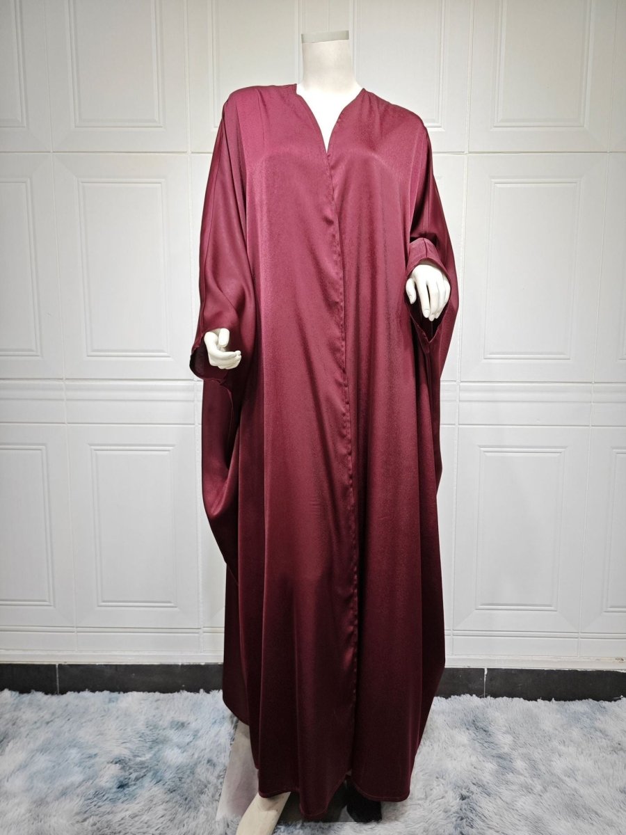 Robe Abaya à Manches Chauve-Souris Douces | Robe Cardigan en Satin à Col en V (MOA224)