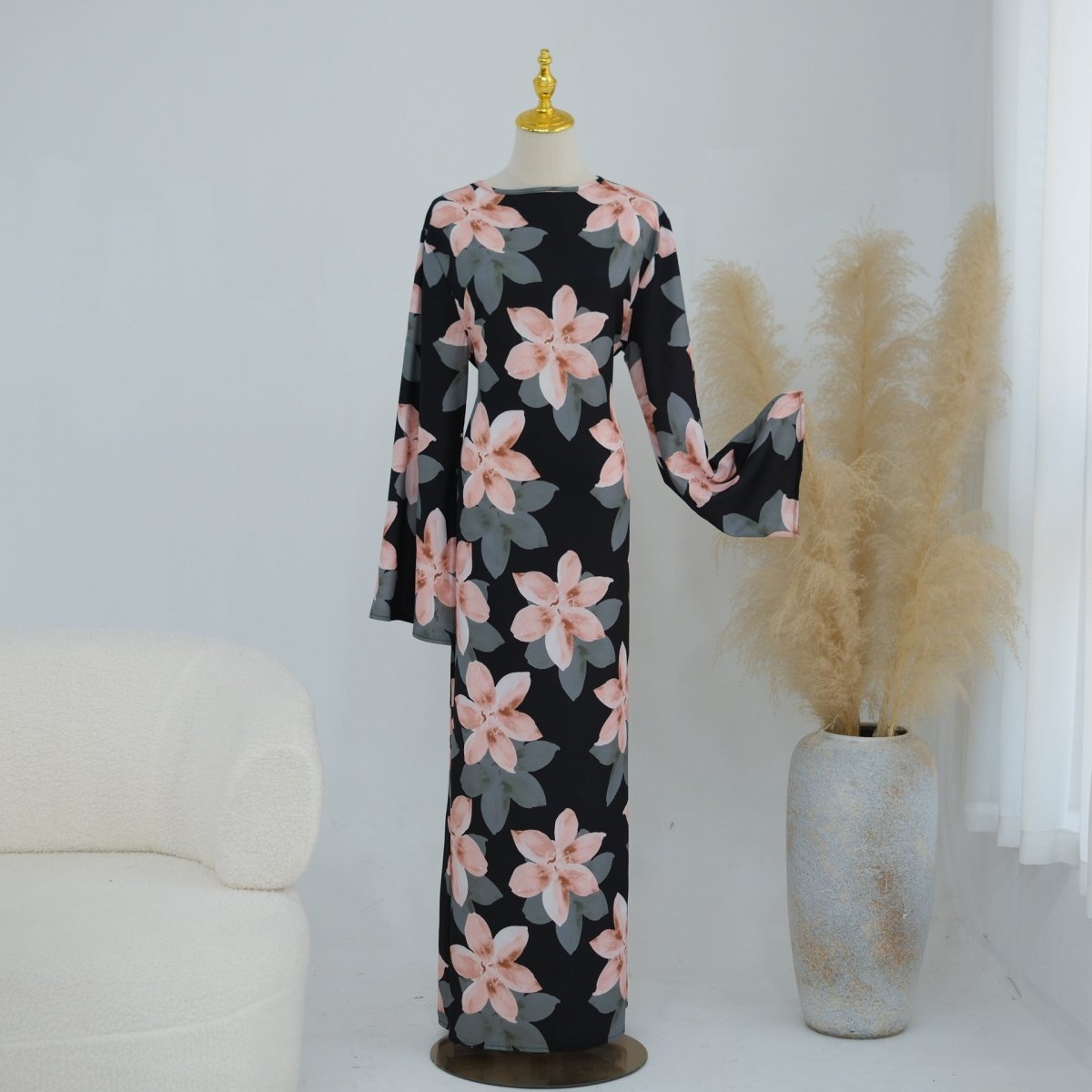 Robe Maxi Froissée Délavée à Imprimé Floral (MS437)
