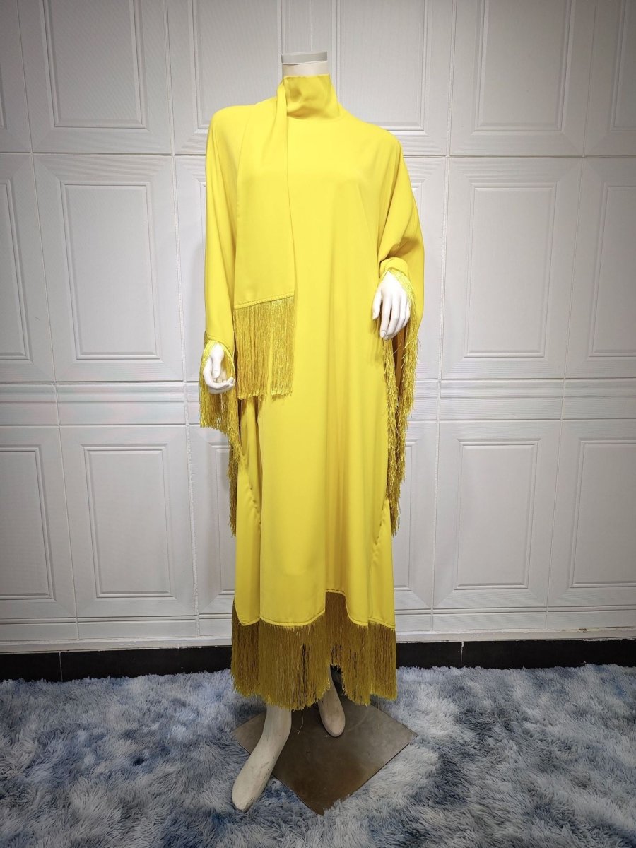 Kaftan Manches Chauve-Souris à Pompons | Robe de Soirée avec Détails Frangés Fluides (MA288)