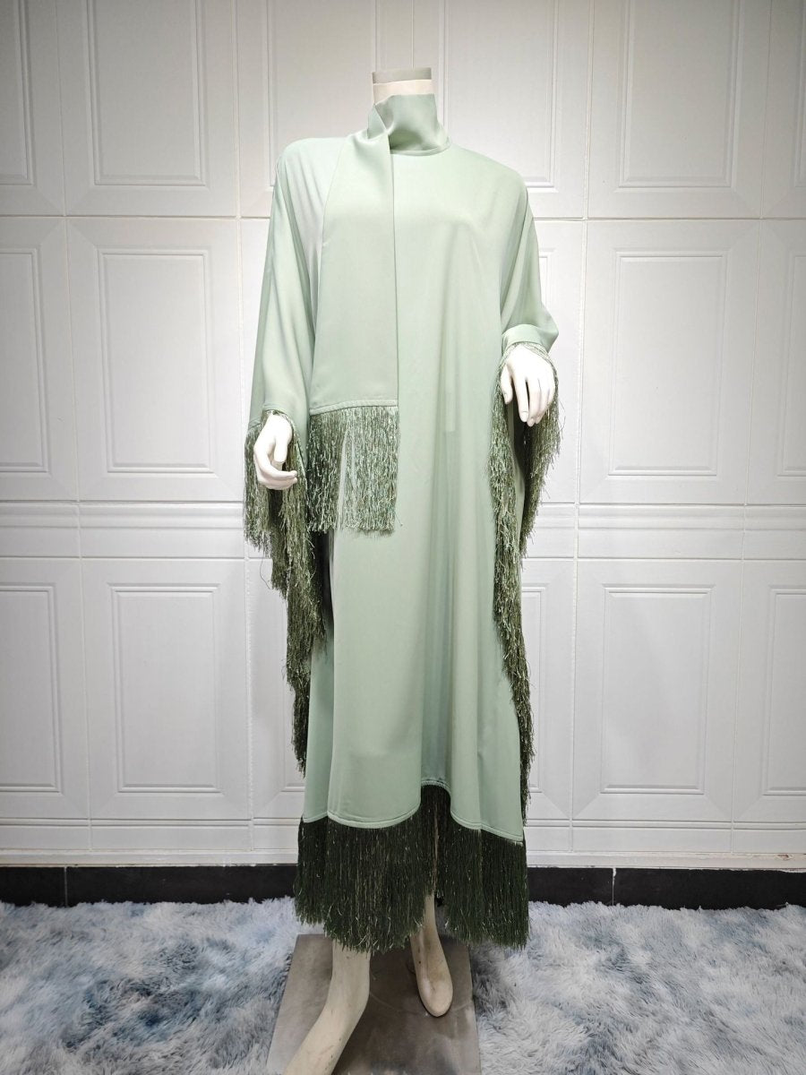 Kaftan Manches Chauve-Souris à Pompons | Robe de Soirée avec Détails Frangés Fluides (MA288)