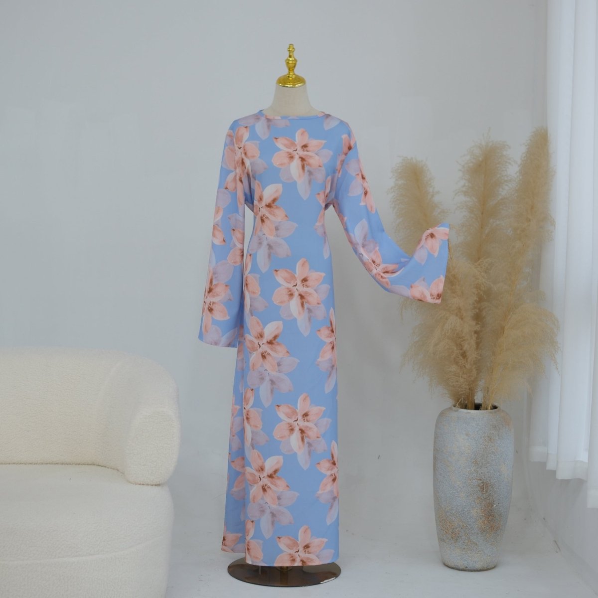 Robe Maxi Froissée Délavée à Imprimé Floral (MS437)